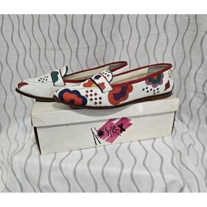 Vintage Abstrax Women's Sz 8.5 White Leather Flats New Wave Colorful White Shoes